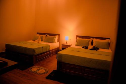 a bedroom with two beds and a light on the wall at Evergreen Villa - Sinharaja in Deniyaya