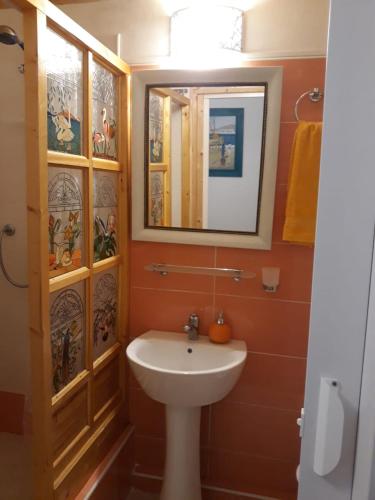 a bathroom with a sink and a mirror at B&B Marino E Lily in Baratili San Pietro
