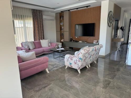 DosemealtiにあるMisafirlerin favorisi Villa nazのリビングルーム(ピンクのソファ2台、テレビ付)