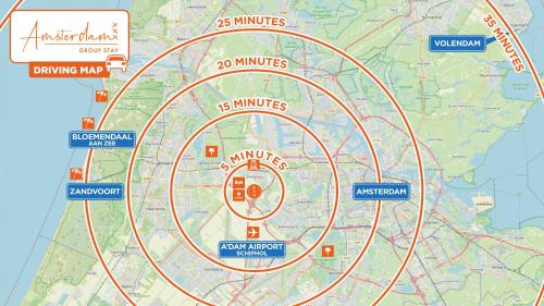 a map of a city with red circles at Amsterdam Group Stay - 26 Beds - Jacuzzi & Sauna in Zwanenburg