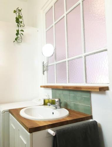 une salle de bain avec un lavabo et une fenêtre dans l'établissement Magnifique Appartement avec cour extérieure privée, à Aix-en-Provence