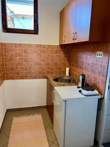 una piccola cucina con un lavello e un bancone di Friendly Rent a Pristina