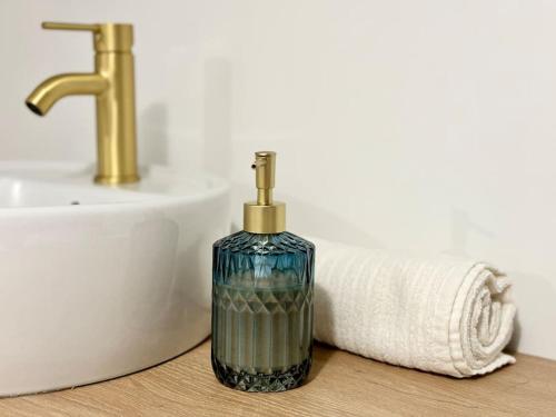a bathroom with a soap dispenser next to a sink at Appartement Indépendant, tout confort avec terrasse in Valence