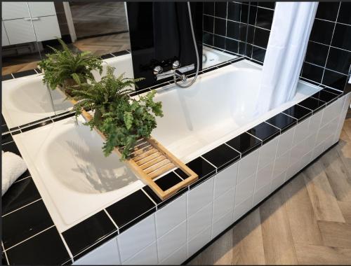 a bathroom sink with two plants in it at City Center Poppodium 013 Stadsvilla Tilburg in Tilburg