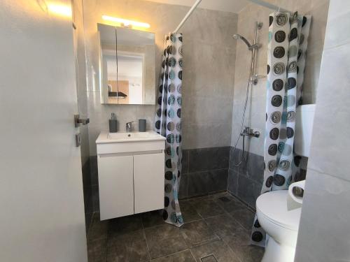 a bathroom with a shower and a sink and a toilet at Aegina Downtown Apartments 2 in Aegina Town