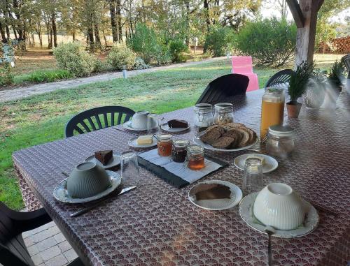 - une table de pique-nique avec de la nourriture et du thé dans l'établissement Les chambres du trouilh, à Saint-Maurice-sur-Adour