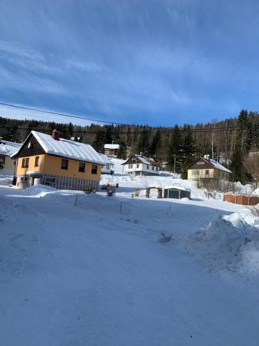 a house in the snow with a lot of snow at Apartment FOX in Kořenov
