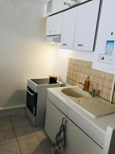 une cuisine avec un évier et une cuisinière dans l'établissement logement tout proche de la plage, à Cannes