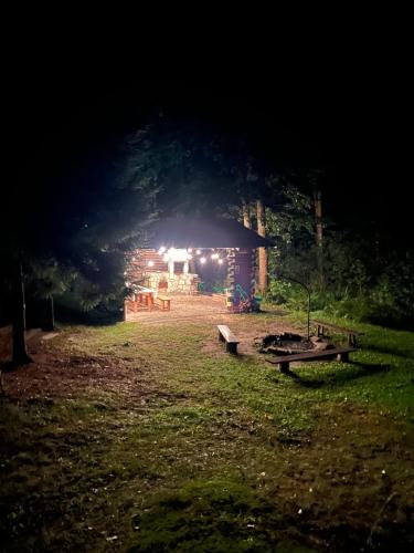a cabin at night with a picnic table in a field at Nad Strumykiem in Koszele