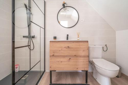 une salle de bain avec toilettes, lavabo et miroir dans l'établissement Esvres - Studio au calme, à La Hardellière