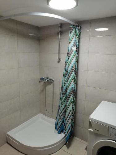 a bathroom with a toilet and a shower curtain at Vila SaniMar in Ćuprija