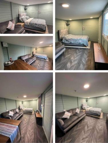four pictures of a room with a bed and a couch at Cozy cabin independent ensuite in Guildford