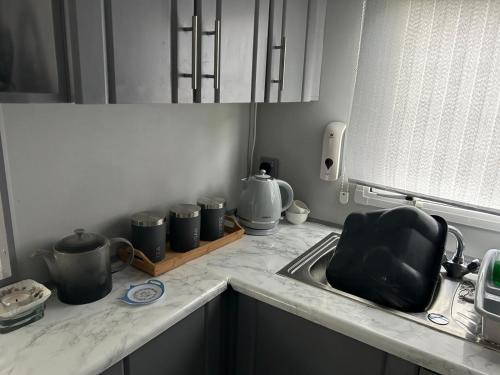 un bancone della cucina con lavandino e alcune pentole e padelle di Cairnryan Heights home from home a Cairnryan