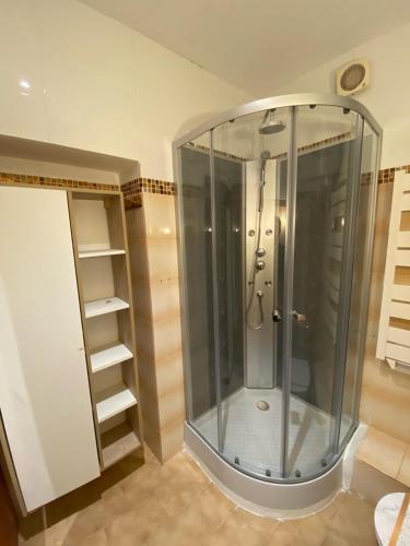 La salle de bains est pourvue d'une douche en verre et d'étagères. dans l'établissement Appartement 1 chambre avec vue sur le port, à Bonifacio