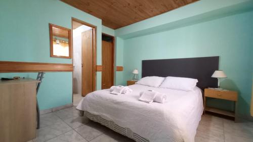 a bedroom with a bed with two pillows on it at Departamentos Paisaje del Beagle in Ushuaia