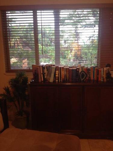 a book shelf with books on it in front of a window at Garden Oasis at Banana Hale Studio in Kawailiula