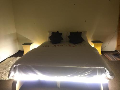 a bedroom with a large white bed with black pillows at Sonzal Hunza in Karimabad Hunza