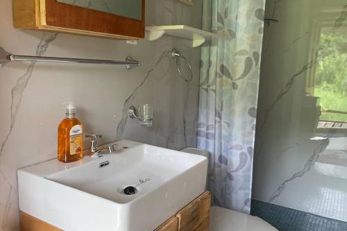 Un baño con lavabo blanco y ducha en 壮观景色的宁静木屋, en Santa Ana