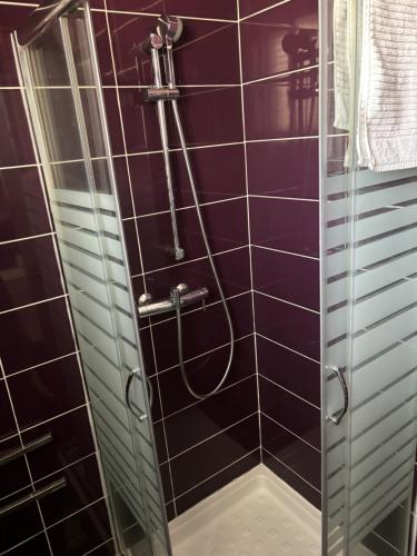 a bathroom with a shower with purple tiles at Apartamento remodelado no Seixal in Seixal