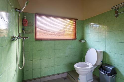 a green bathroom with a toilet and a shower at Pondok Hari Baik in Balian