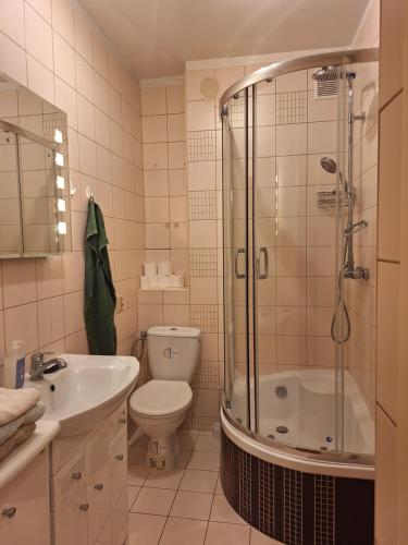 a bathroom with a shower and a toilet and a sink at Apartament Smile Stalowa Wola in Stalowa Wola