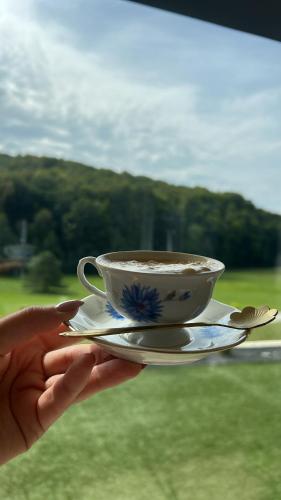 a person holding a cup of coffee on a plate at Midnight Villa in Cerkvenjak