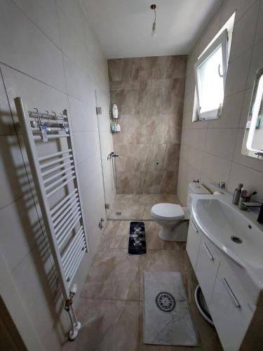 a bathroom with a shower and a toilet and a sink at Apartman Una na dlanu, Novi Grad in Bosanski Novi