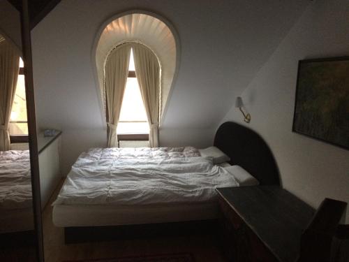 a bedroom with a bed with an arched window at Apartment Loft in Ljubljana