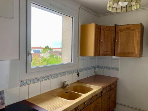 une cuisine avec un évier et une fenêtre dans l'établissement Studio superbe vue 1 canapé-lit, à Choisy-le-Roi