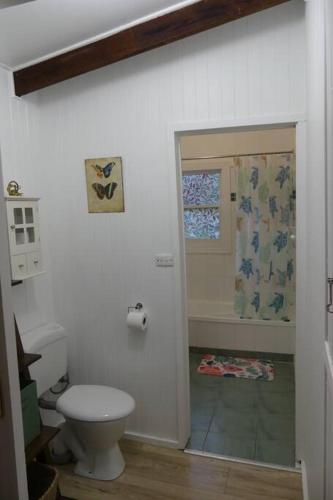 a bathroom with a white toilet and a window at Creekside Cottage, country escape, Rumbellara farm in Yellingbo