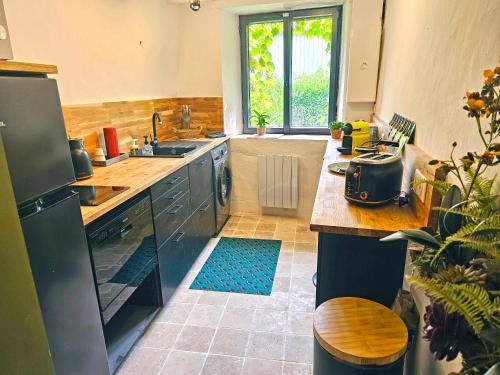 une cuisine avec un évier et un plan de travail dans l'établissement La Crocherie : Gîte des Elfes - Free Wifi & Smart TV, à Beaumont-Pied-de-Boeuf