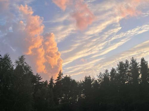 a cloud formation in the sky over some trees at Homestead of Happiness in Zalioji