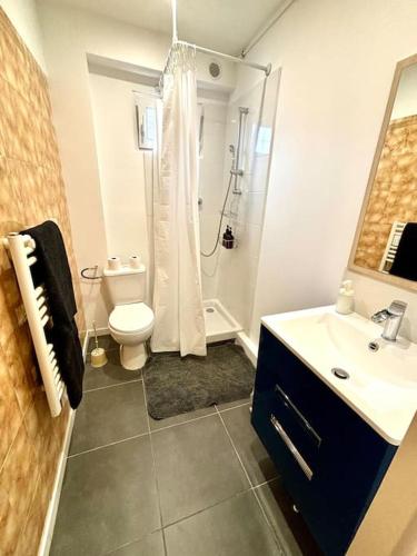 une salle de bain avec une douche, des toilettes et un lavabo dans l'établissement Maison Familiale 3 Chambres, 3 Salle de Bain, Proche RER A - Paris - Disney, à Saint-Maur-des-Fossés