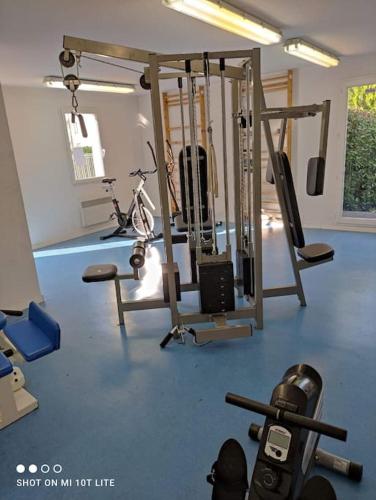 - une salle de sport avec plusieurs tapis de course et vélos dans l'établissement Maison de charme proche gare et centre ville, à Gaillac