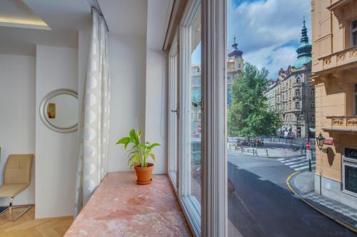 una finestra con una pianta in vaso in una camera con vista sulla città di Old Town Square Apartments a Praga