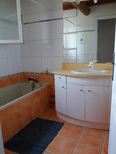 une salle de bain avec une baignoire et un lavabo dans l'établissement Maison de village dans Languedoc-Roussillon, à Vergèze