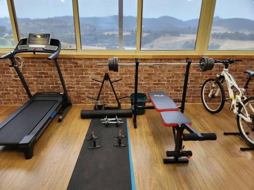 a room with a gym with bikes and a brick wall at Beautiful vineyard stay in Howrah
