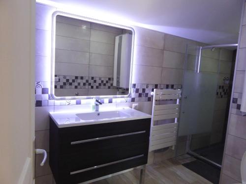 une salle de bain avec un lavabo et un miroir dans l'établissement L'Atelier, à Salins-les-Bains