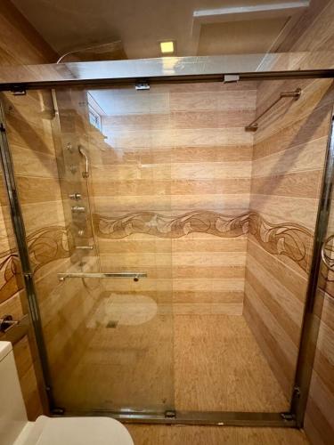 a glass shower in a bathroom with a toilet at Sands Grand in Dhigurah