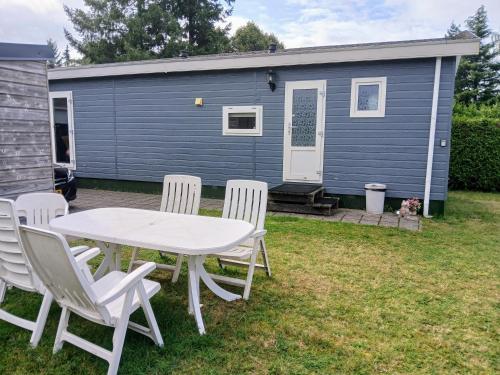 a table and chairs in front of a tiny house at Chalet de Putter in Putten in Krachtighuizen
