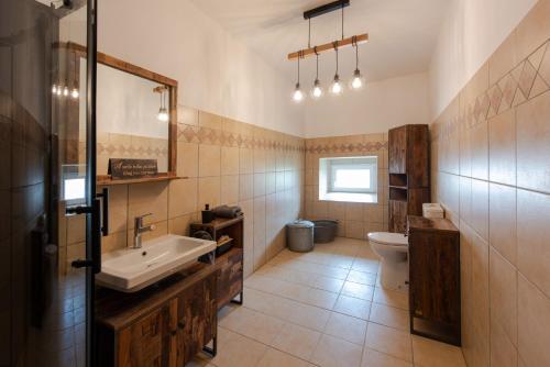 a bathroom with a sink and a toilet at La Bohème Lodges and Glamping in Vrhaveč