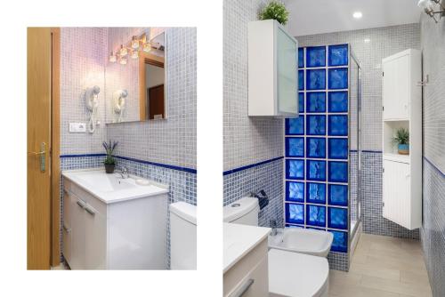 2 immagini di un bagno con servizi igienici e lavandino di San Isidoro Cathedral Suite by Valcambre a Siviglia