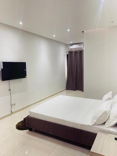 a bedroom with a large bed and a flat screen tv at Ixora AP 2 in Ngor