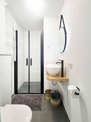 a bathroom with a toilet and a sink and a mirror at Bigge Elements Gästehaus am Biggesee in Olpe