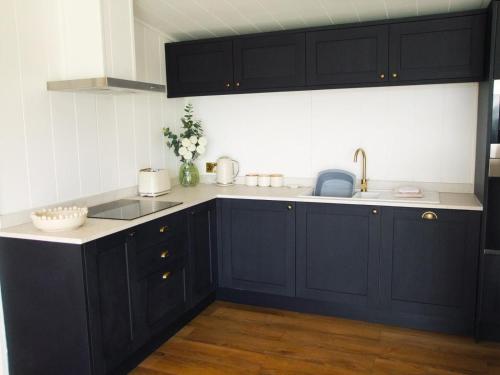 a kitchen with black cabinets and a sink at Phoenix Lodge - Luxury 2 ensuite bedrooms, lakeside views in Newark upon Trent