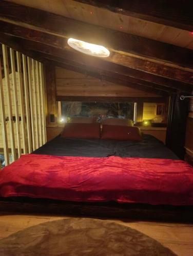 a bedroom with a large bed with a red blanket at Les Étoiles de Bevy Chalet insolite Love Room in Septmoncel