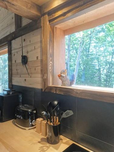 a kitchen window with a cat sitting on a counter at Les Étoiles de Bevy Chalet insolite Love Room in Septmoncel