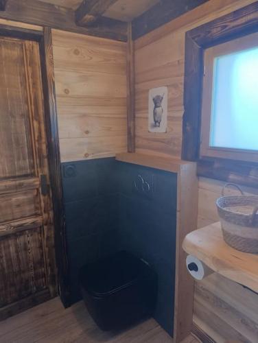 a bathroom with a blue toilet and a sink at Les Étoiles de Bevy Chalet insolite Love Room in Septmoncel