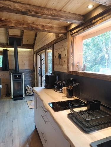 a kitchen with a stove and a counter top at Les Étoiles de Bevy Chalet insolite Love Room in Septmoncel