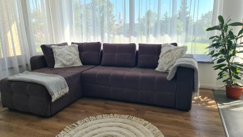 a brown couch in a living room with a window at Kavicsház in Vlăhiţa